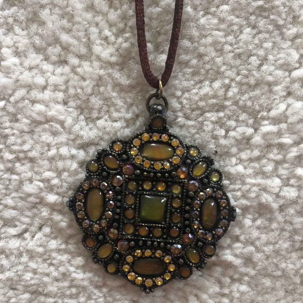 Brown Soft Suede Strap Necklace with Crystal Pendant